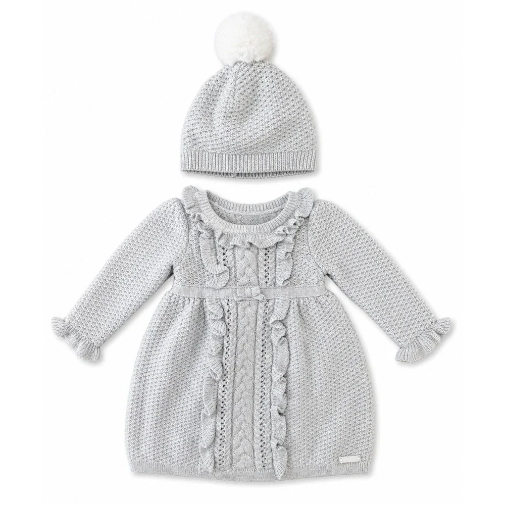 Janie and Jack‎ Long Sleeve Dress with Matching Winter Pom Hat Size O-3 Months